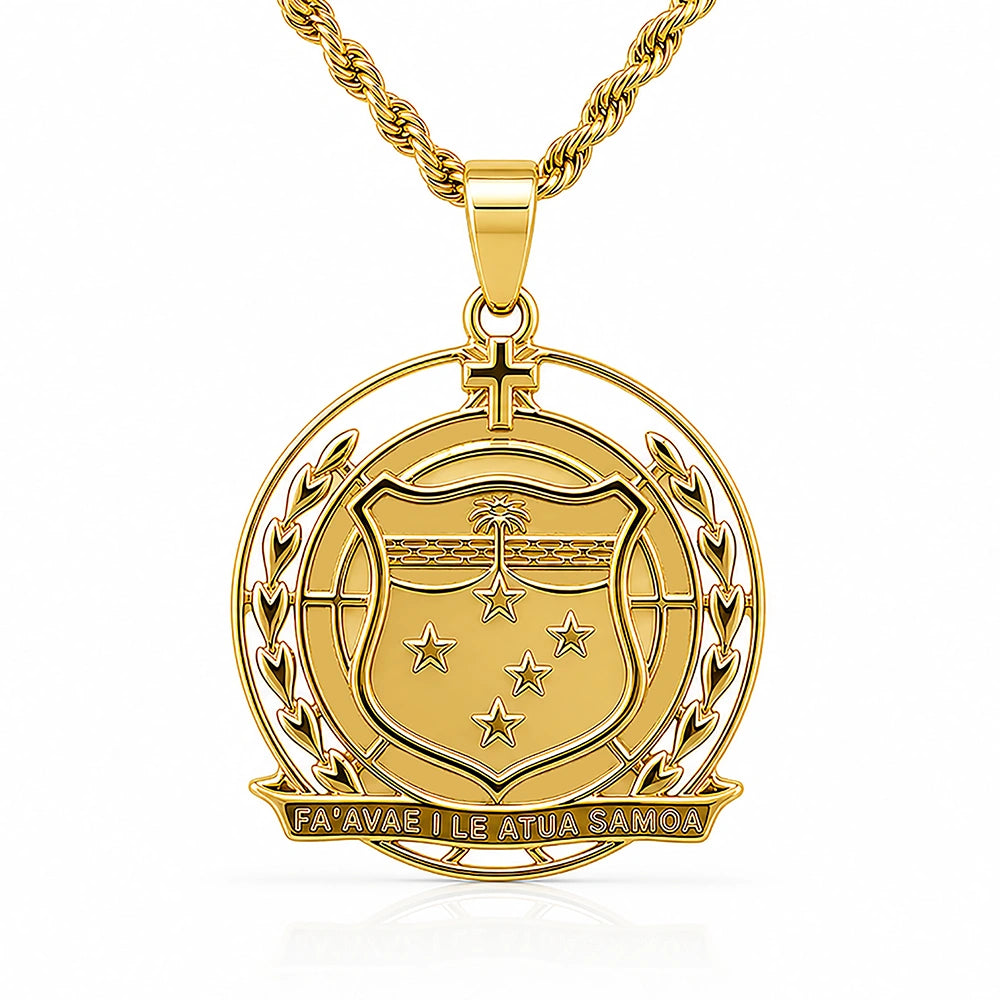 Samoan Shield Pendant - 18k gold-plated Samoan coat of arms pendant by Hauz o Mana