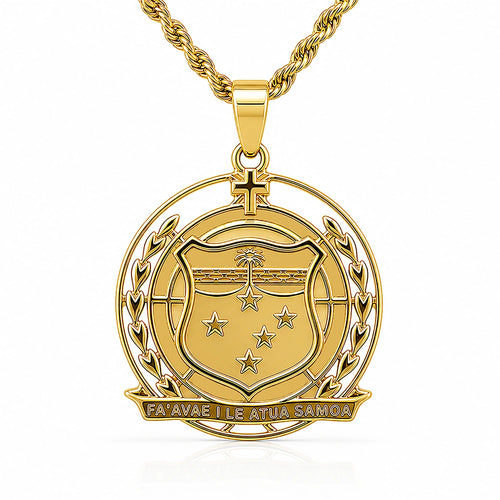 Samoan Shield Pendant - 18k gold-plated Samoan coat of arms pendant by Hauz o Mana