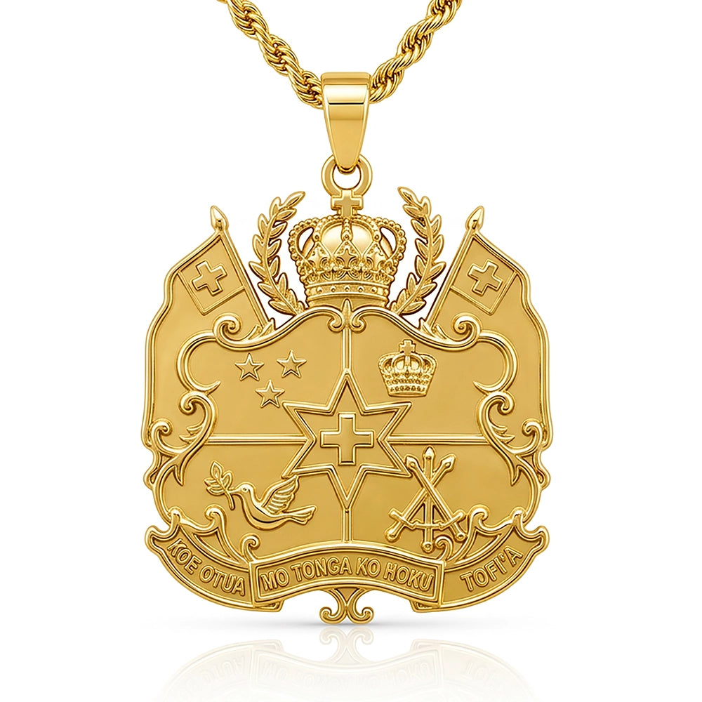 Tongan Shield Pendant - 18k gold-plated Tongan coat of arms pendant by Hauz o Mana