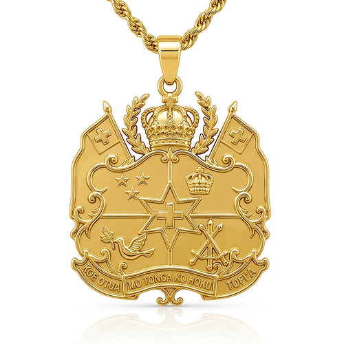 Tongan Shield Pendant - 18k gold-plated Tongan coat of arms pendant by Hauz o Mana